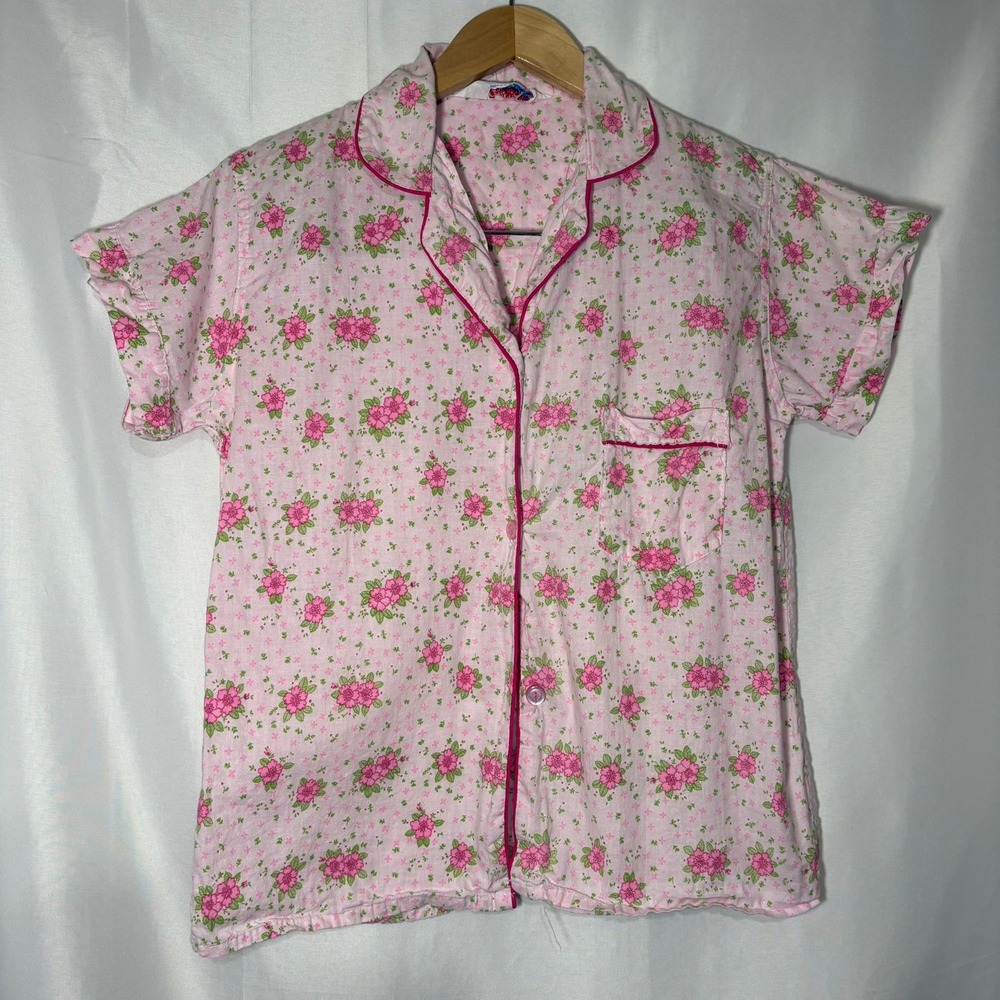 Vintage 20th Century Wear Pink Floral Cotton Pajama Top Short‎ Sleeve Size Small